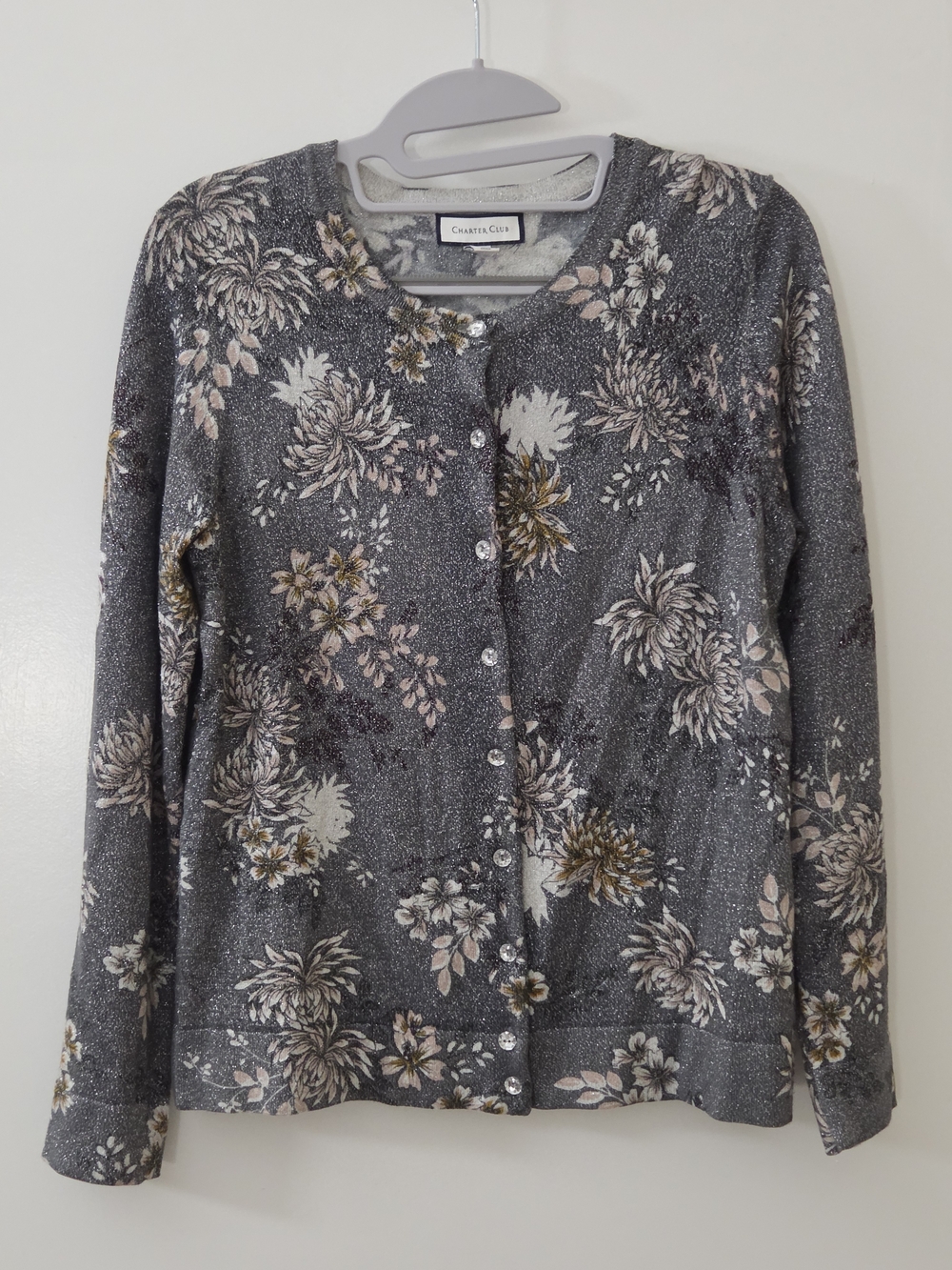 Charter Club Gray Floral Button Cardigan